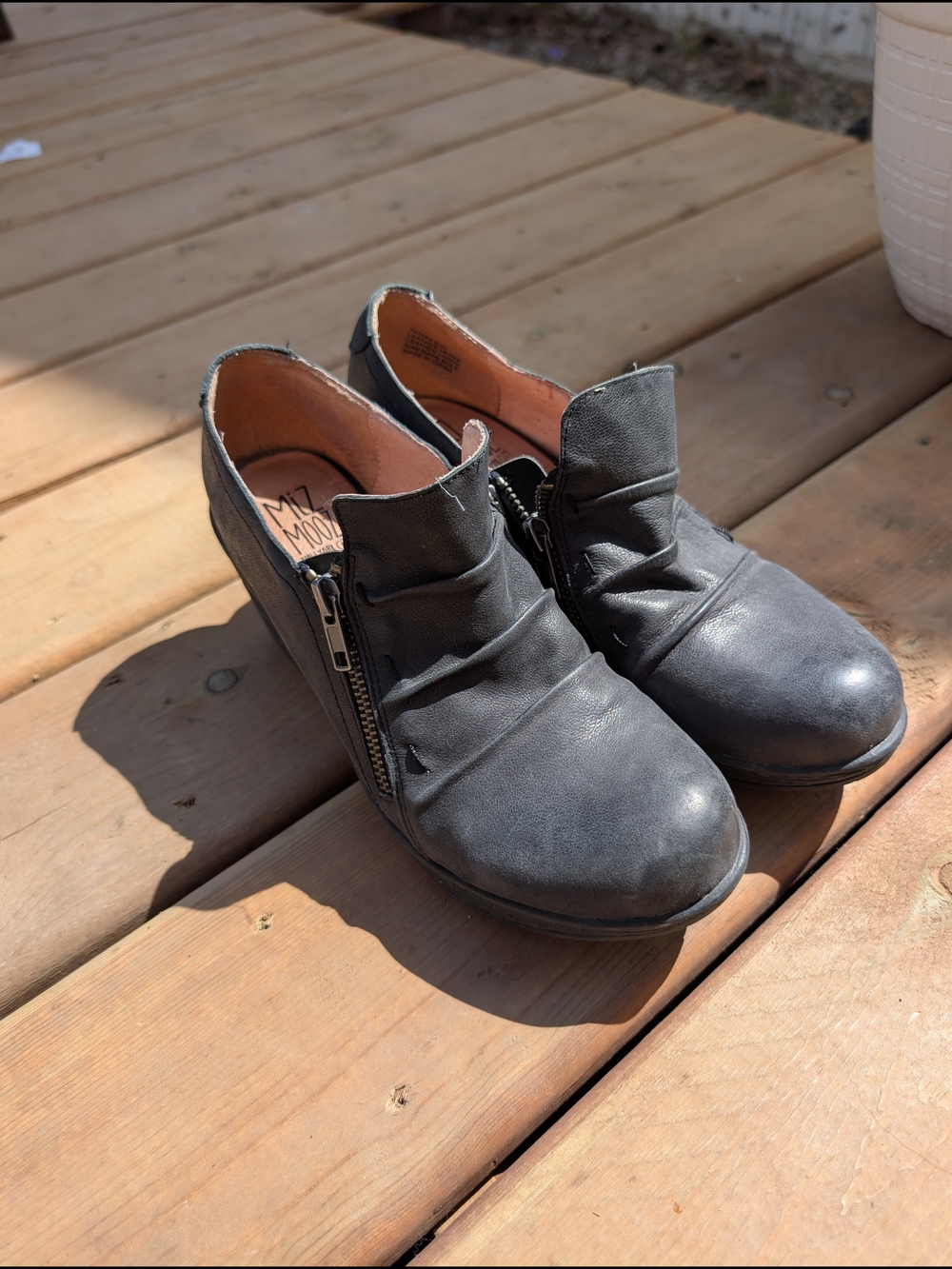 Miz Mooz Black Ruched Leather Slip-On Wedges with Side Zipper Size 9